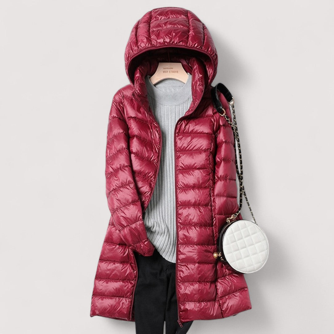 Women's red long hooded puffer coat