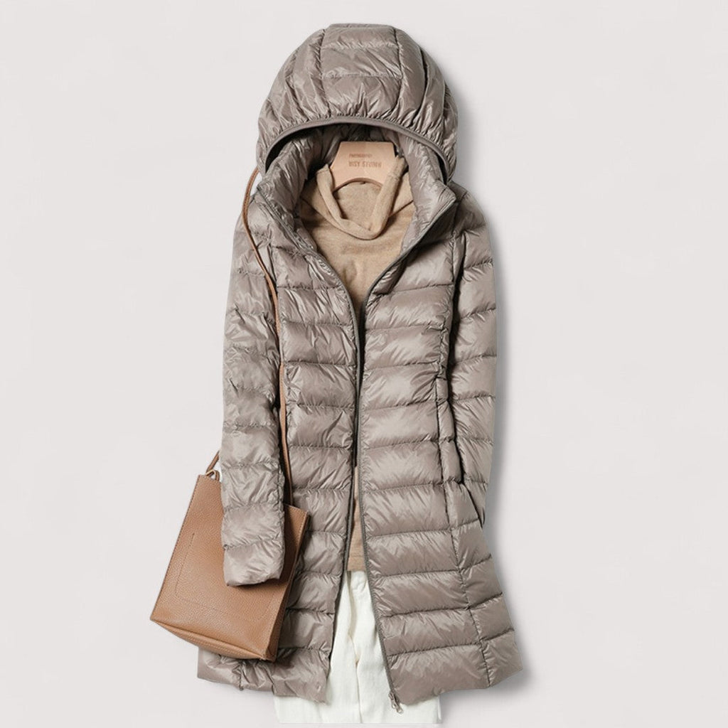 Women's khaki lightweight puffer coat with hood