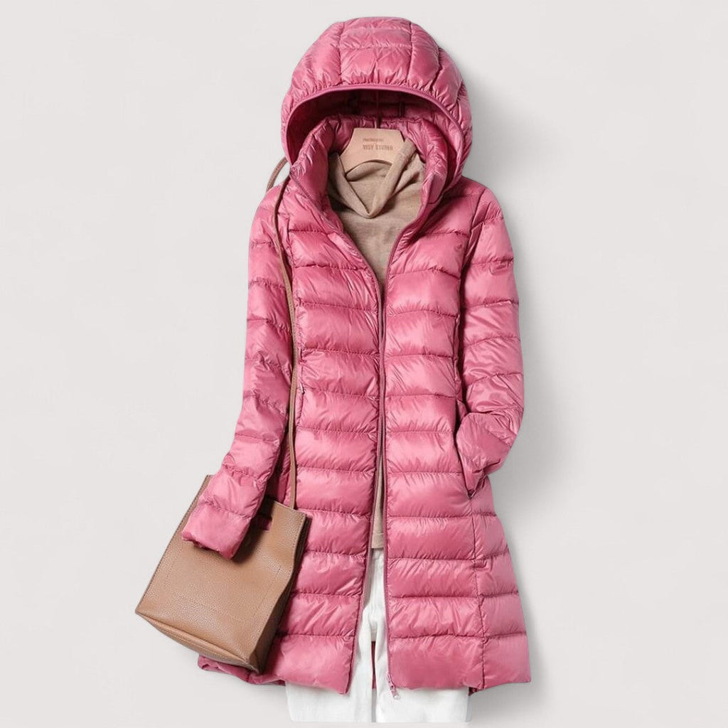 Women's pink long hooded puffer coat