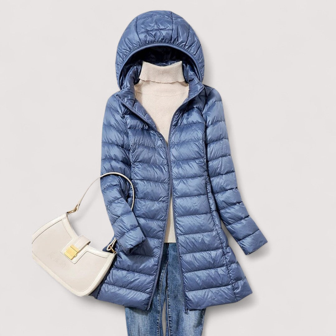 Women's blue long lightweight puffer coat