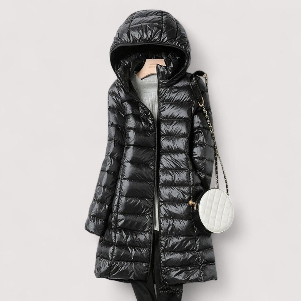 Women's black hooded puffer coat with zip front