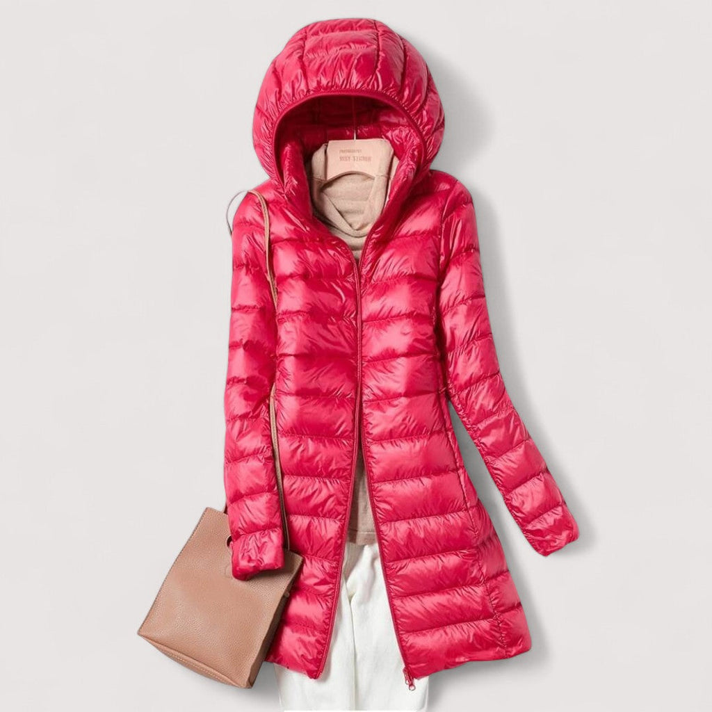 Women's burgundy long puffer coat with hood