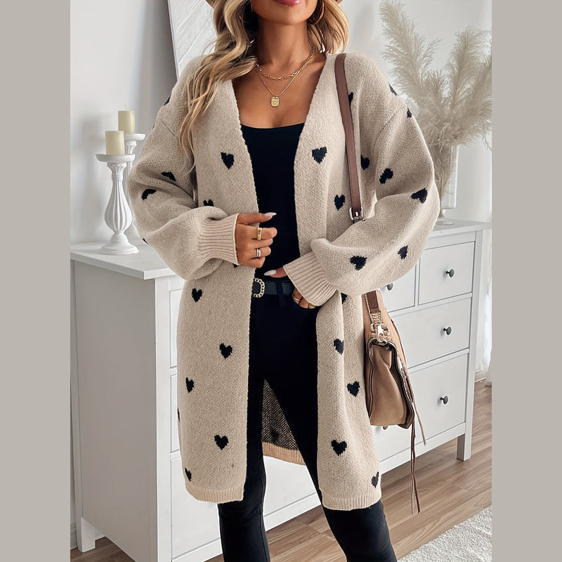 Women's Long Open-Front Cardigan with Heart Pattern for Autumn