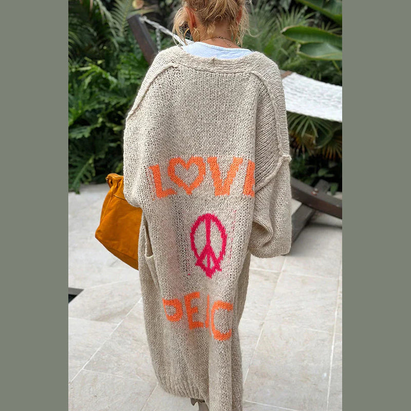 Women's Long Oversized Cardigan with Statement Print for Boho Style