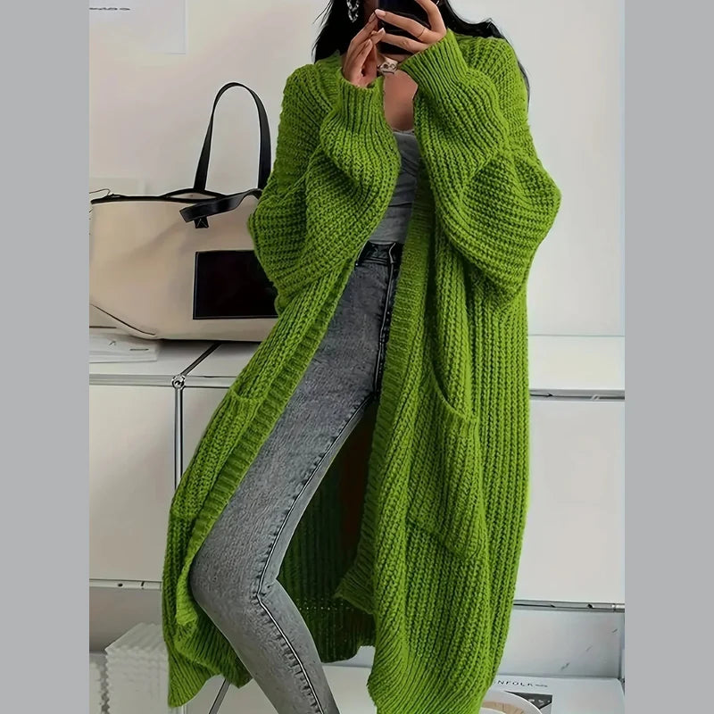 Women's long oversized chunky knit cardigan in olive green