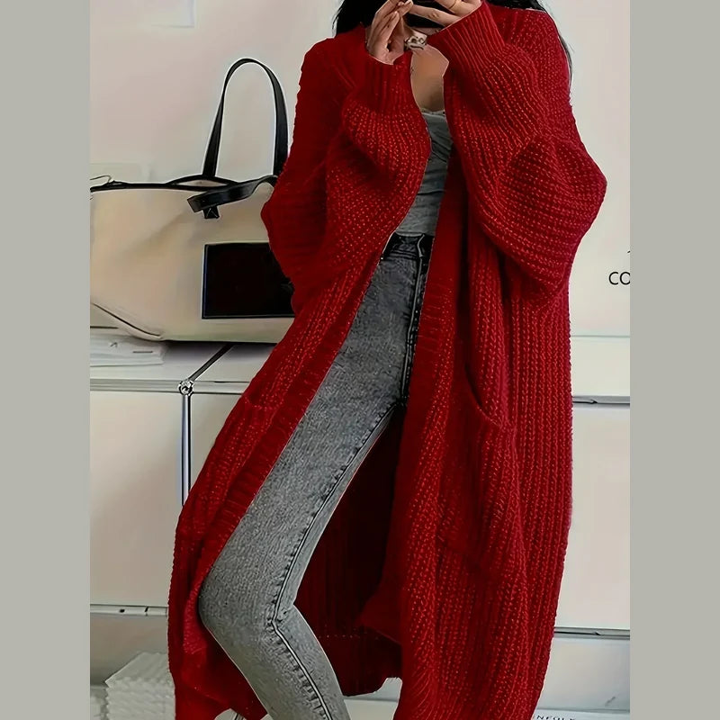 Women's long oversized chunky knit cardigan in red
