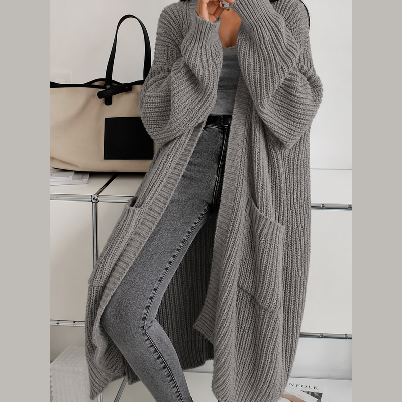 Women's long oversized chunky knit cardigan in grey