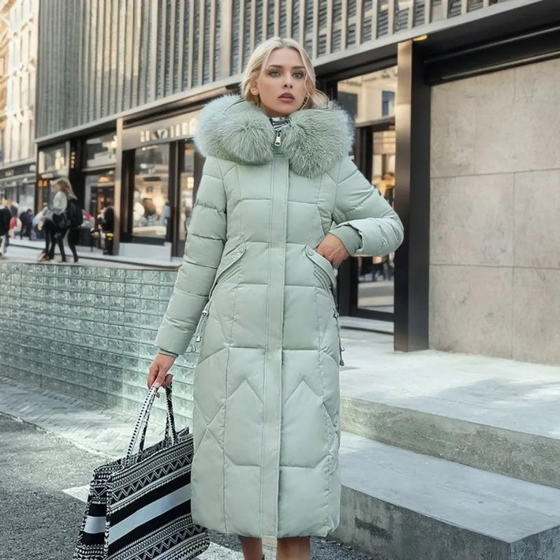 Women's long quilted puffer coat with high collar in green