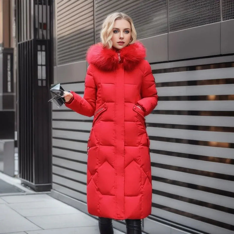 Women's long quilted puffer coat with high collar in red