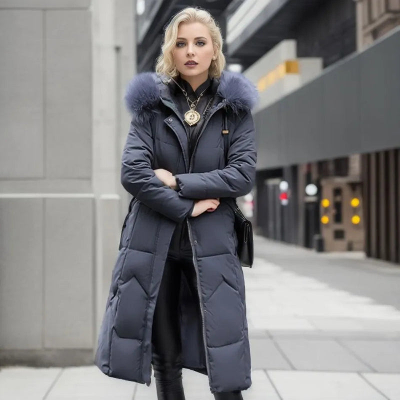 Women's long quilted puffer coat with high collar in grey
