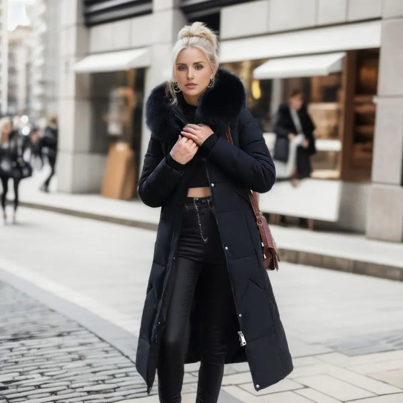Women's long quilted puffer coat with high collar in black