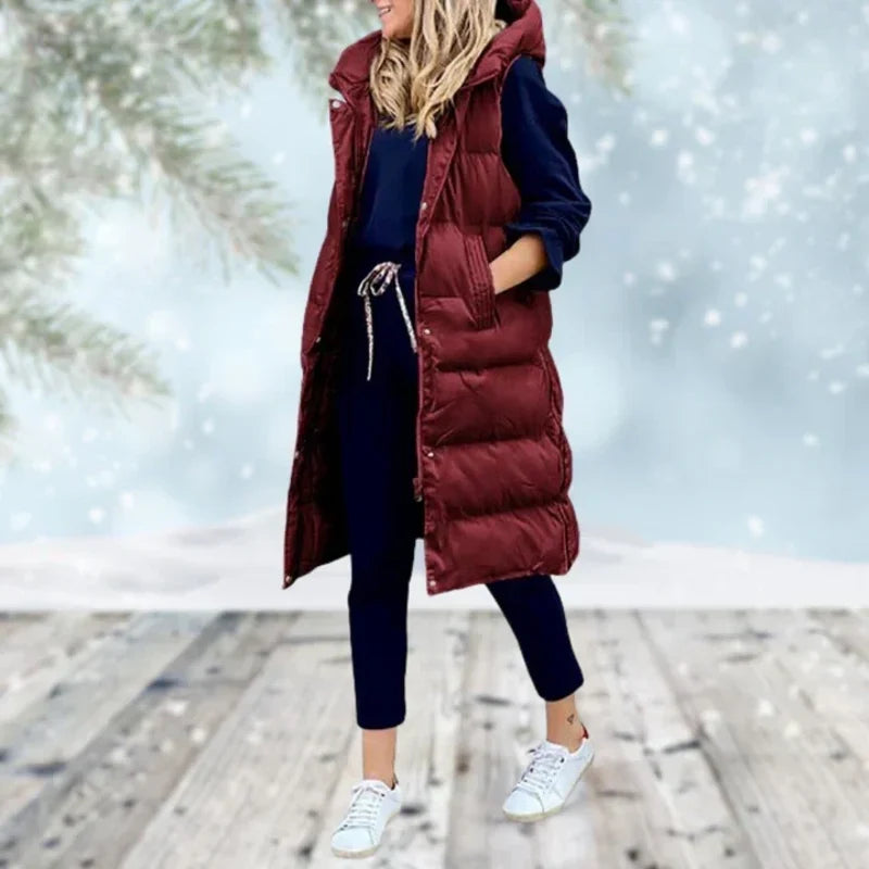 Women's Long Quilted Sleeveless Gilet for Winter Days