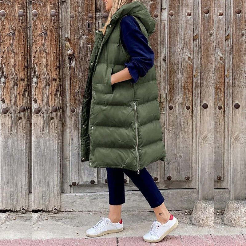 Women's Long Quilted Vest with Hood for Cold Days