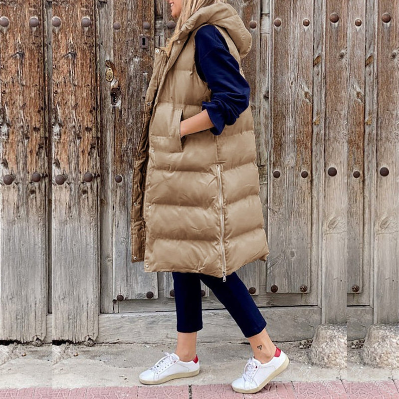 Women's long quilted vest with hood in khaki
