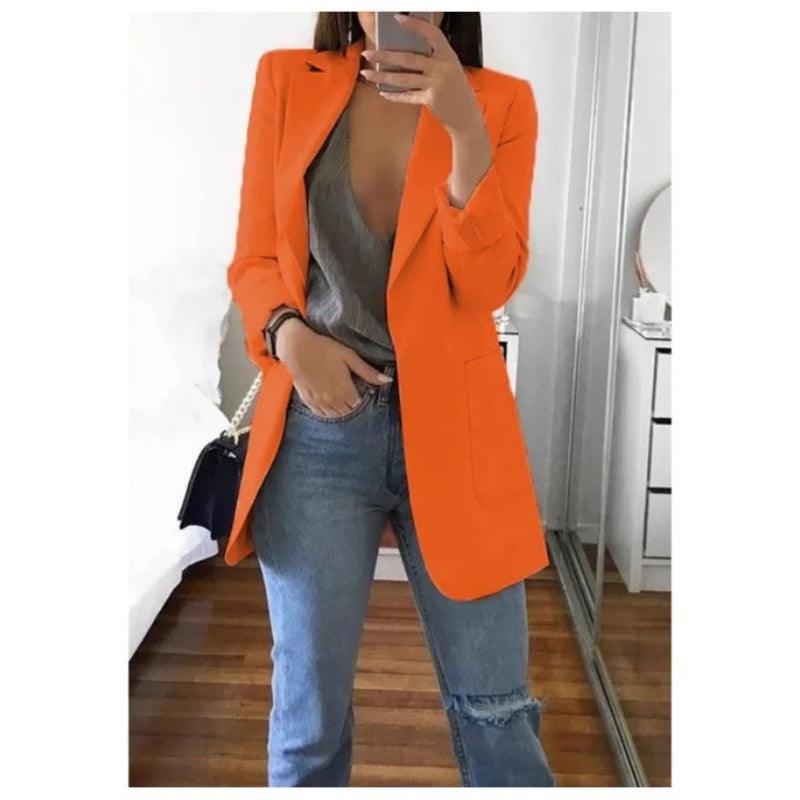 Women's longline blazer with notched lapels in orange