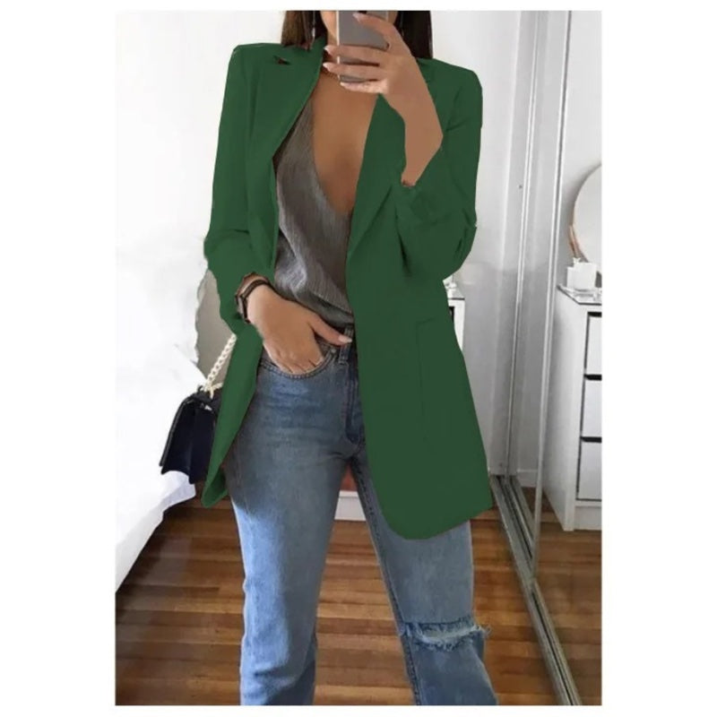 Women's longline blazer with notched lapels in dark green