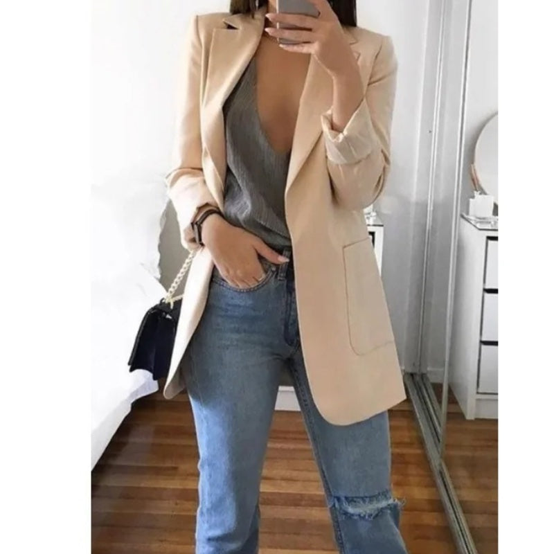 Women's longline blazer with notched lapels in brown