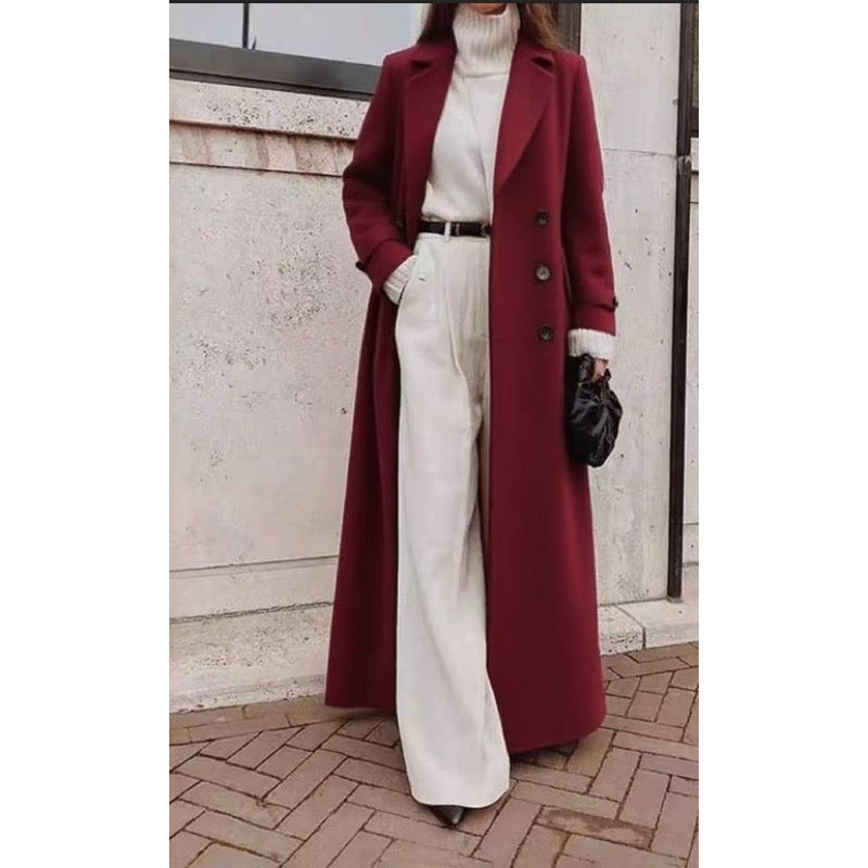 Women's longline double-breasted coat in burgundy