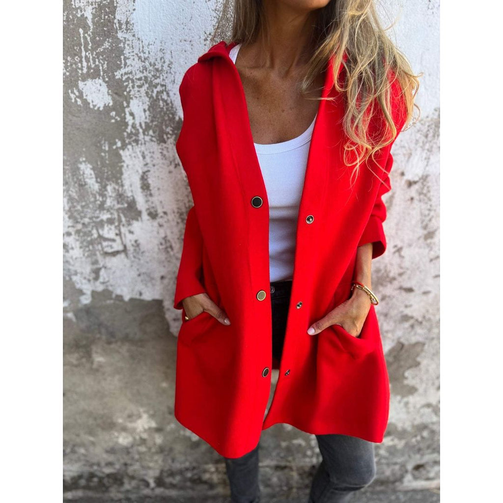 Women's Longline Hooded Cardigan with Pockets in red