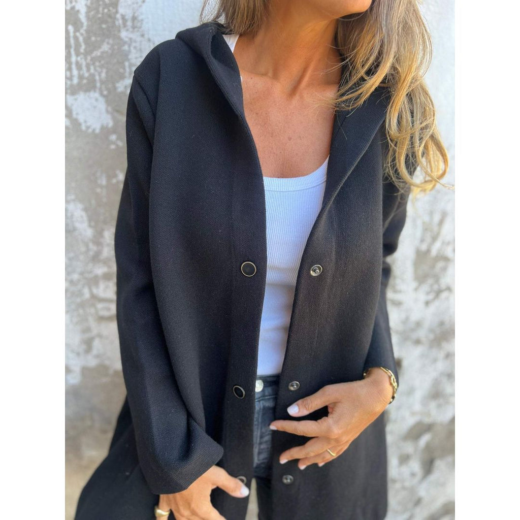 Women's Longline Hooded Cardigan with Pockets in black, close-up