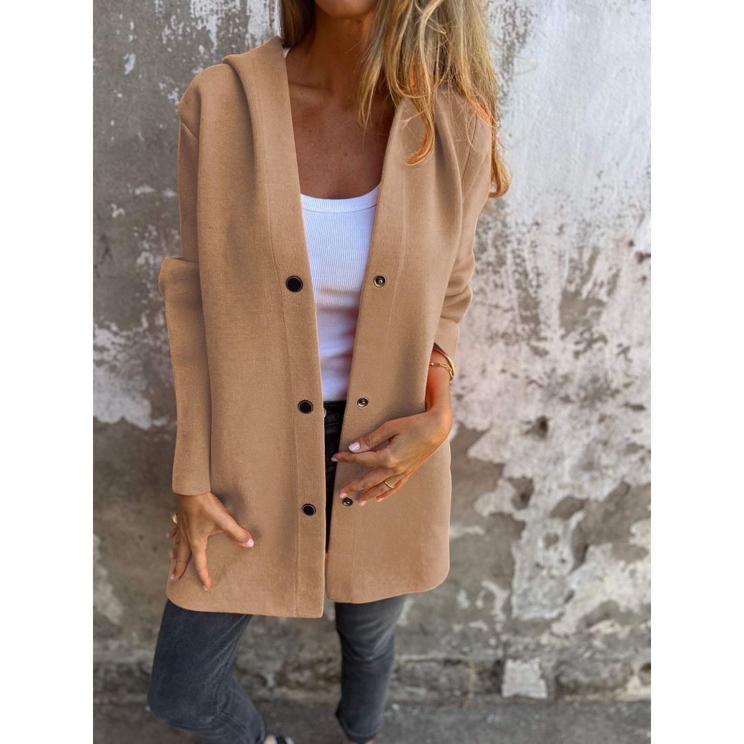 Women's Longline Hooded Cardigan with Pockets in camel