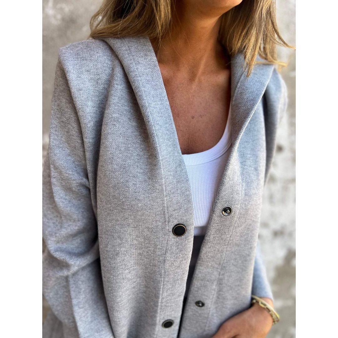Women's Longline Hooded Cardigan with Pockets in light grey, hood close-up