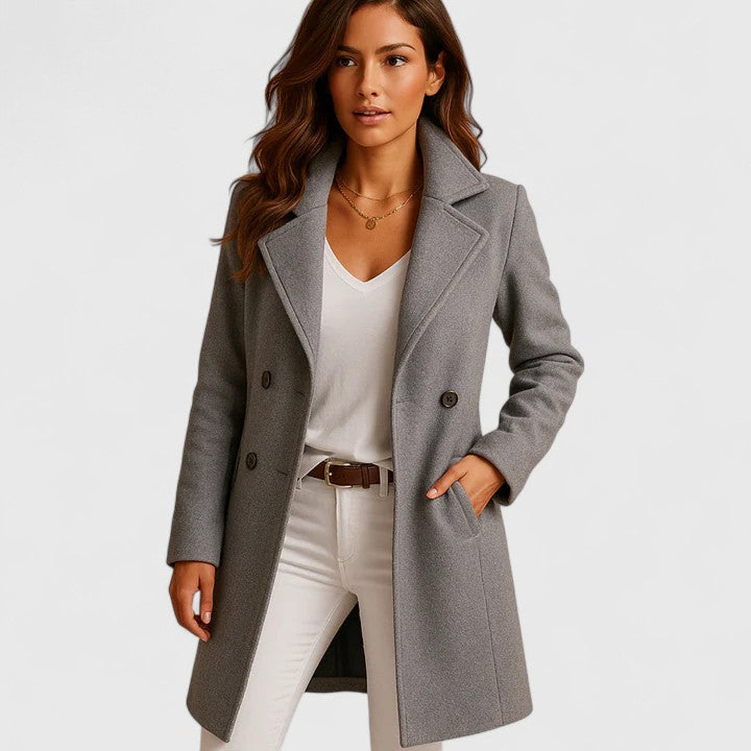 Women's grey longline coat with notched lapels