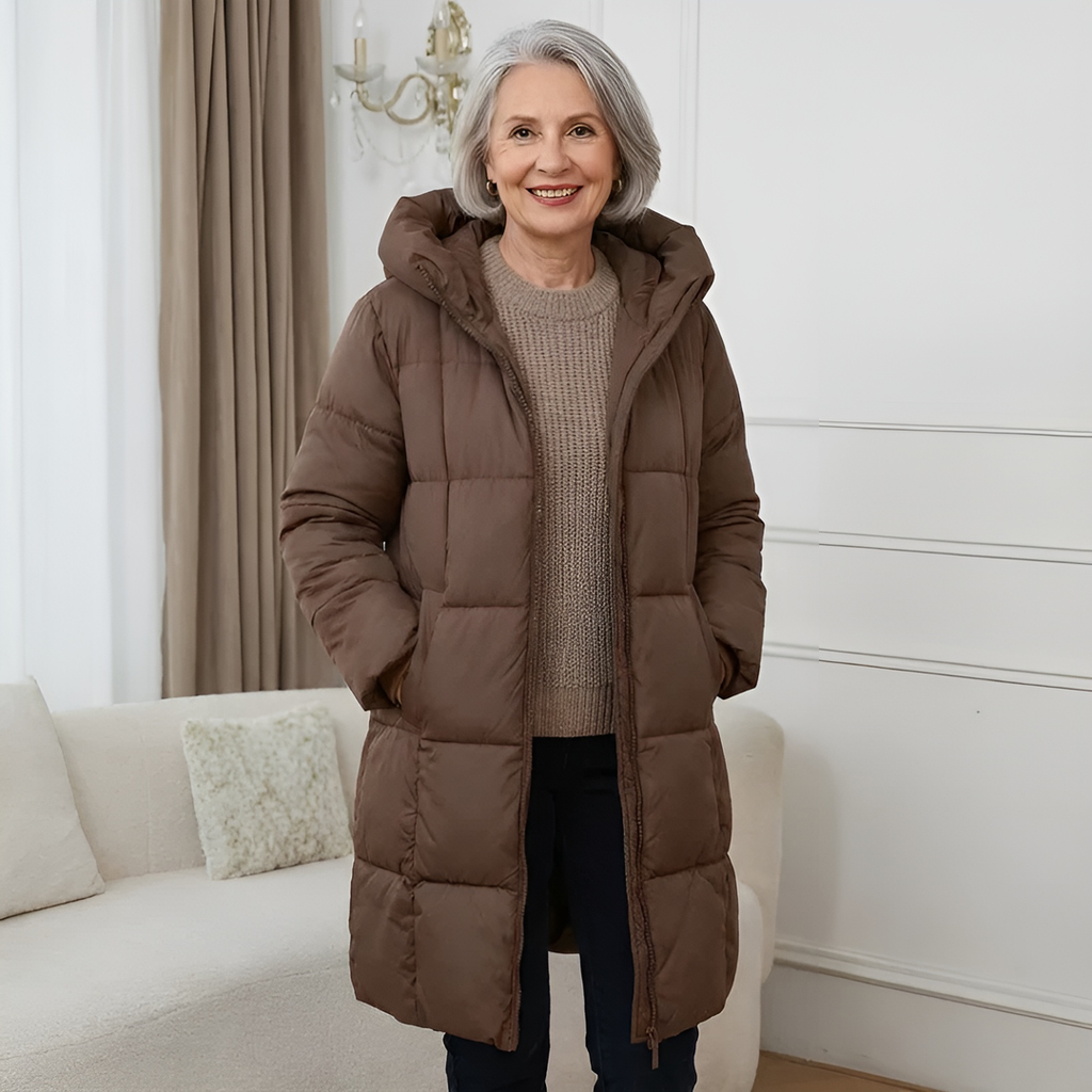 Women's chocolate brown longline quilted puffer coat