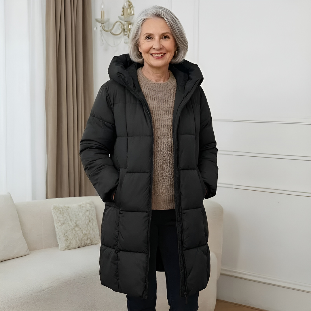 Women's black longline hooded puffer coat