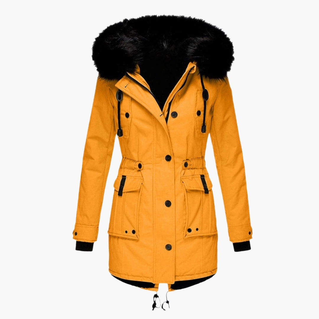 Women's mustard longline parka with black fluffy hood