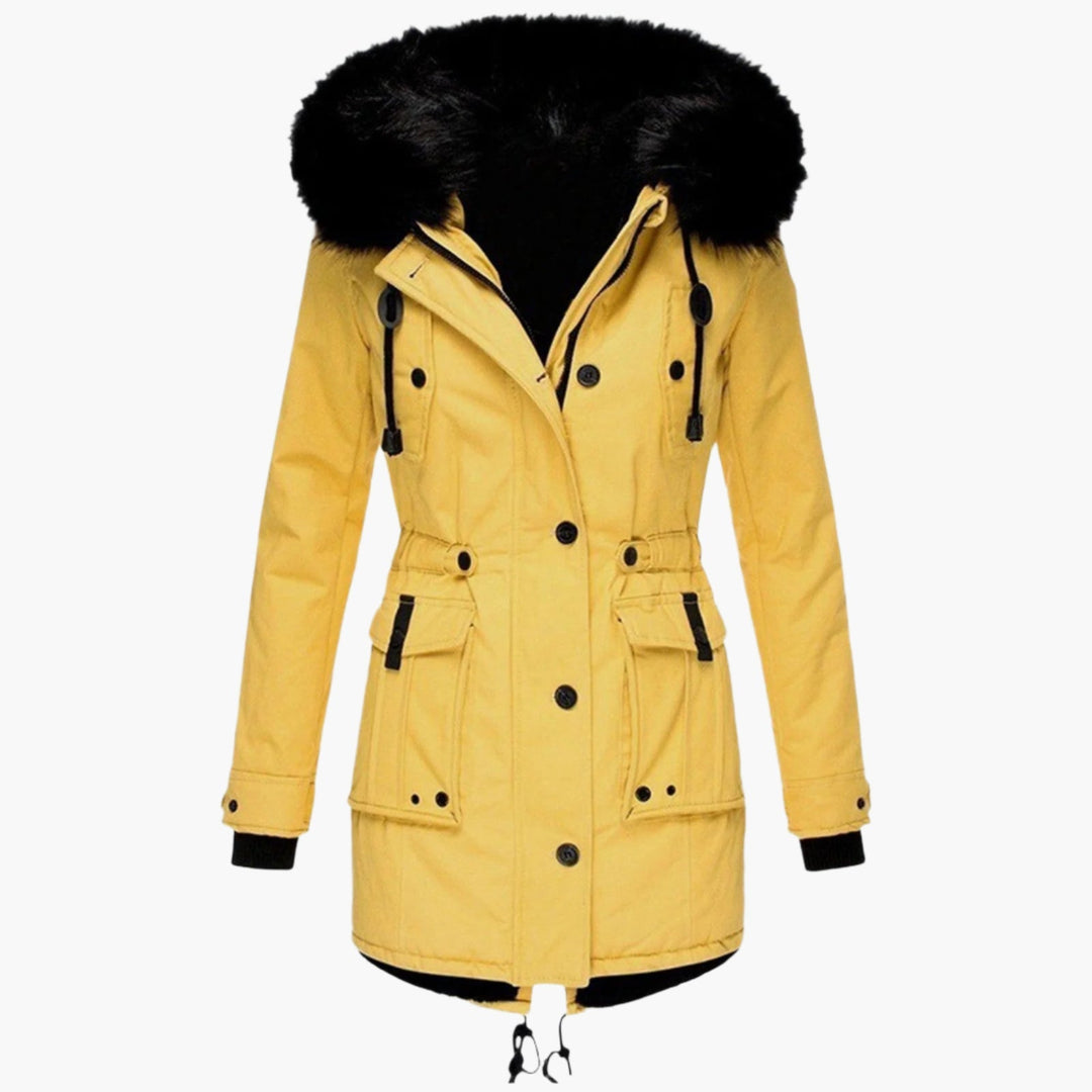 Women's yellow longline parka with black hood trim