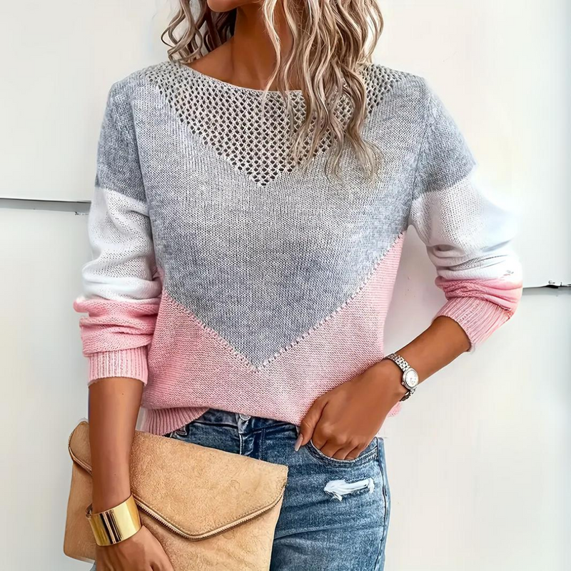 Women's loose fit grey and pink colour block sweater