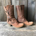 Women's brown mid-calf boots with wrap tie detail