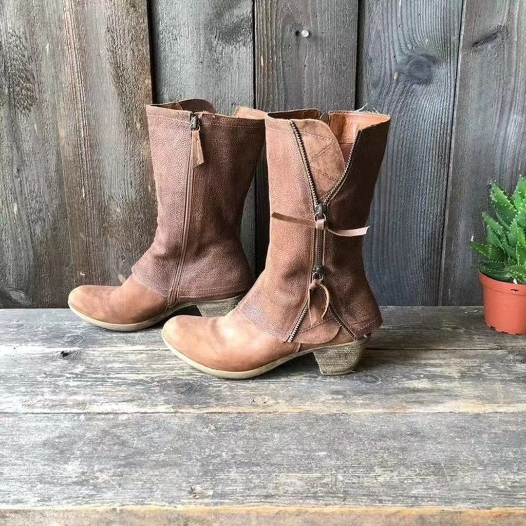 Women's brown mid-calf boots with side tie – side view
