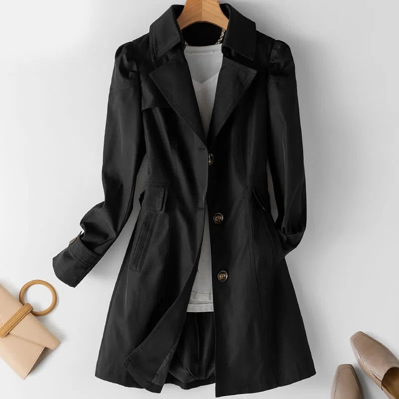 Women's Mid-Length Trench Coat with Notched Lapels for Spring Autumn