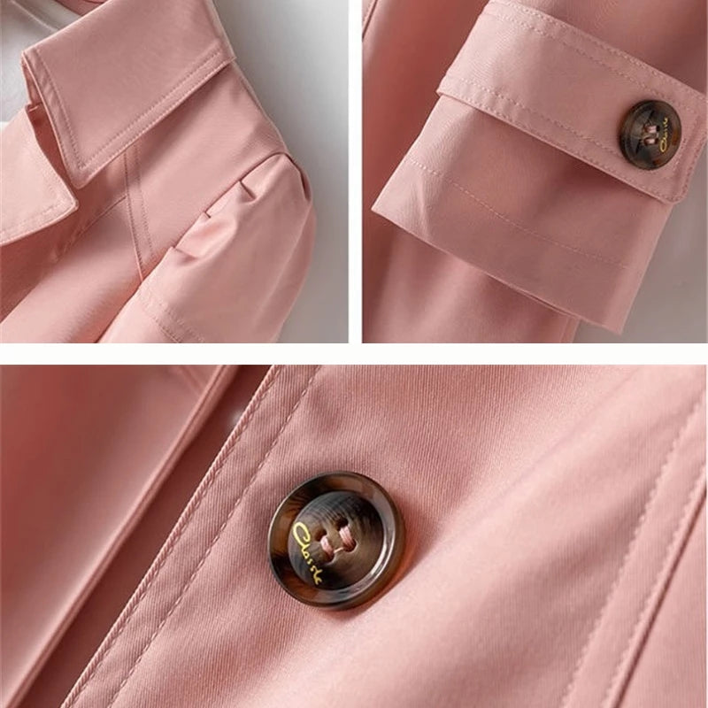 Close-up of the buttons and pocket on the pink trench coat