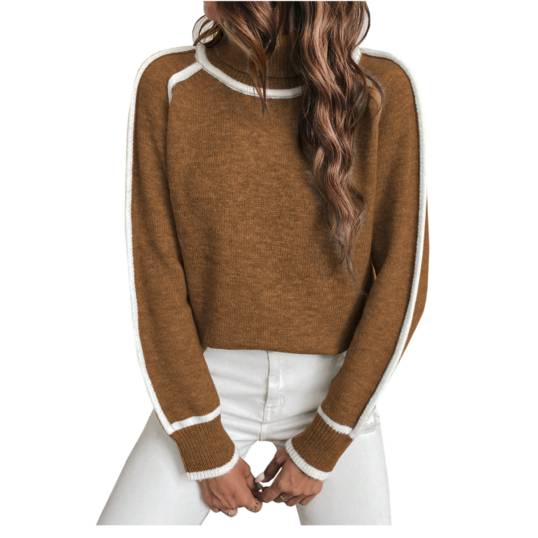 Women's brown mock neck sweater with contrast trim