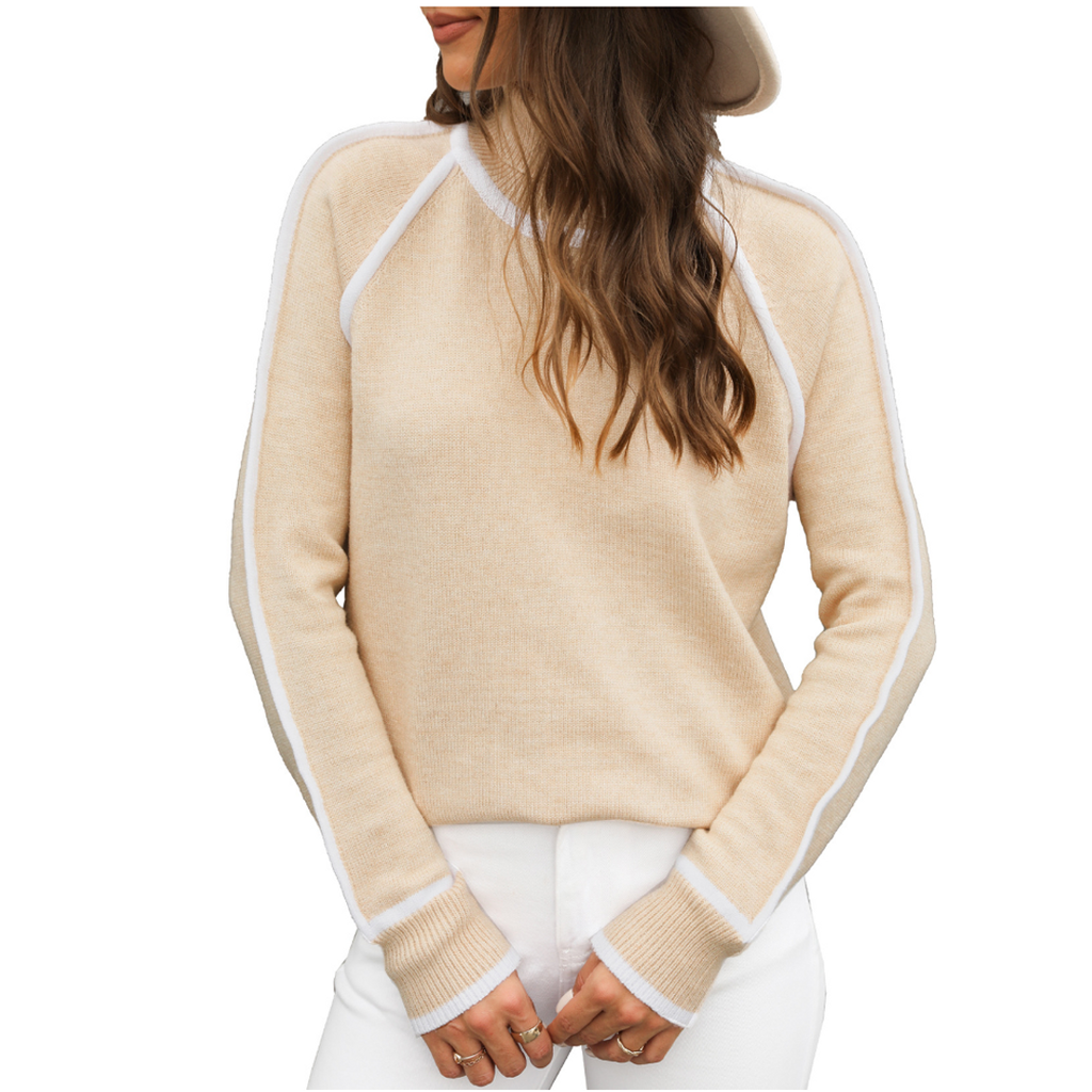 Women's beige mock neck sweater with contrast piping