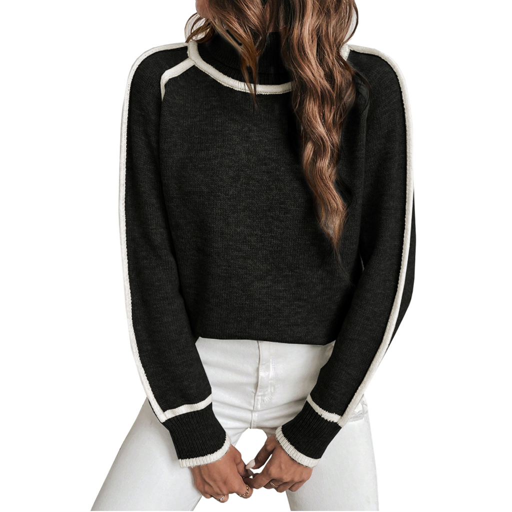 Women's black mock neck sweater with white piping