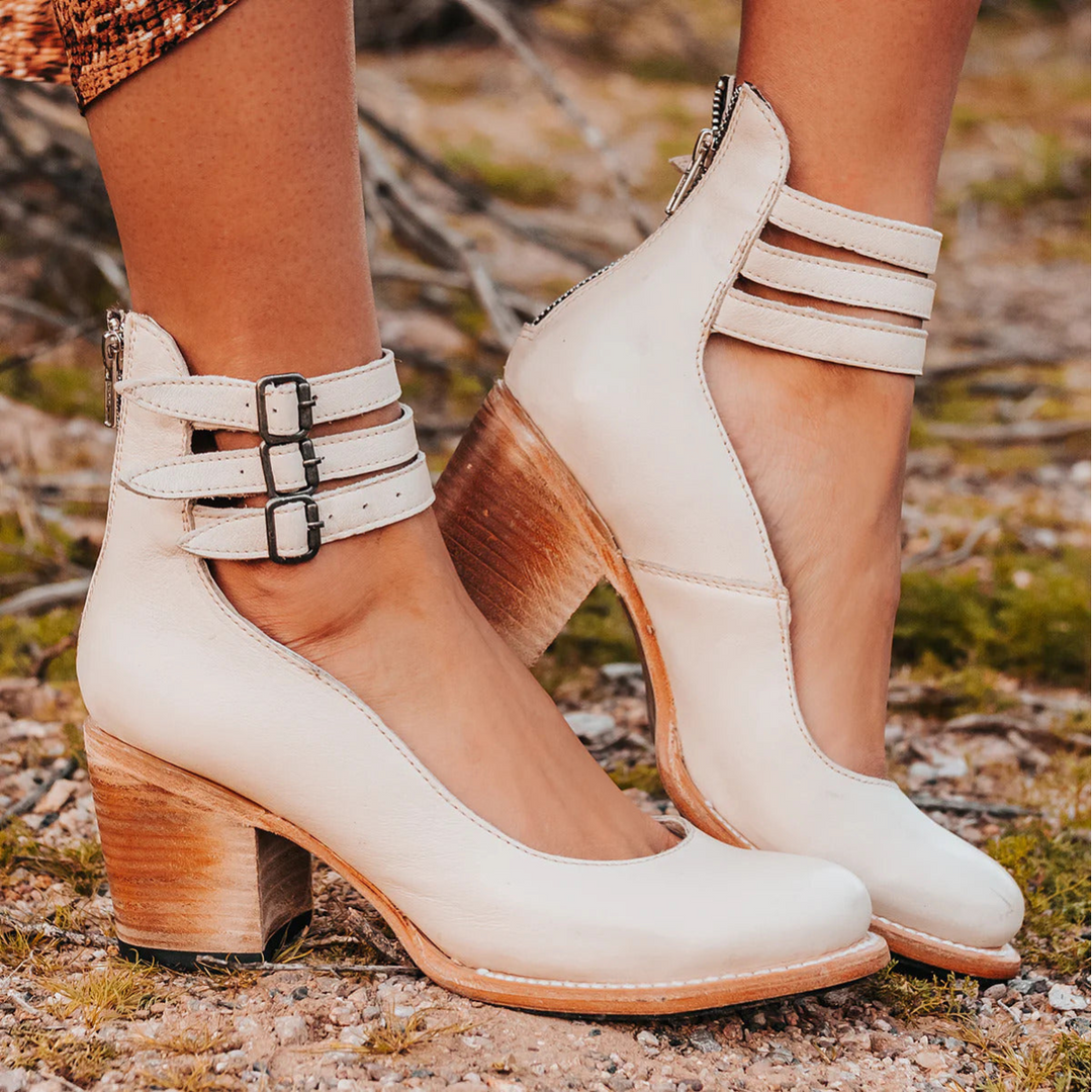 White multi-strap ankle boots with block heel