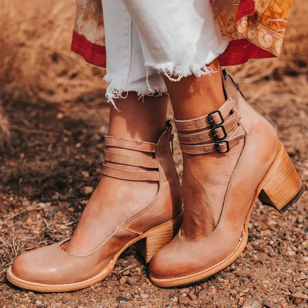 Beige block heel ankle boots with straps