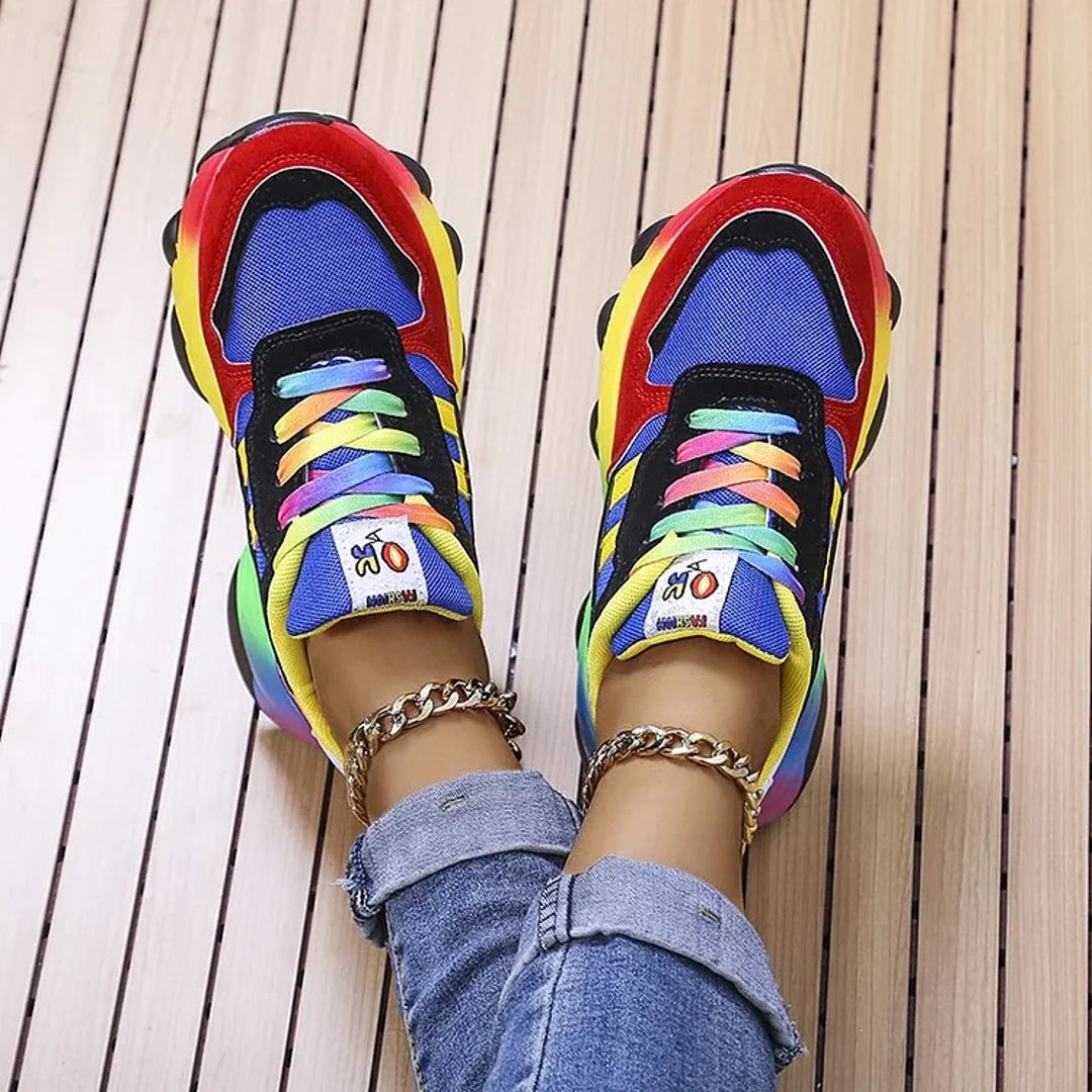 Blue rainbow sneakers with multicoloured laces – top view