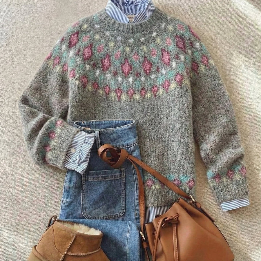 Women's Nordic Pattern Yoke Sweater with Round Neck for Winter Days