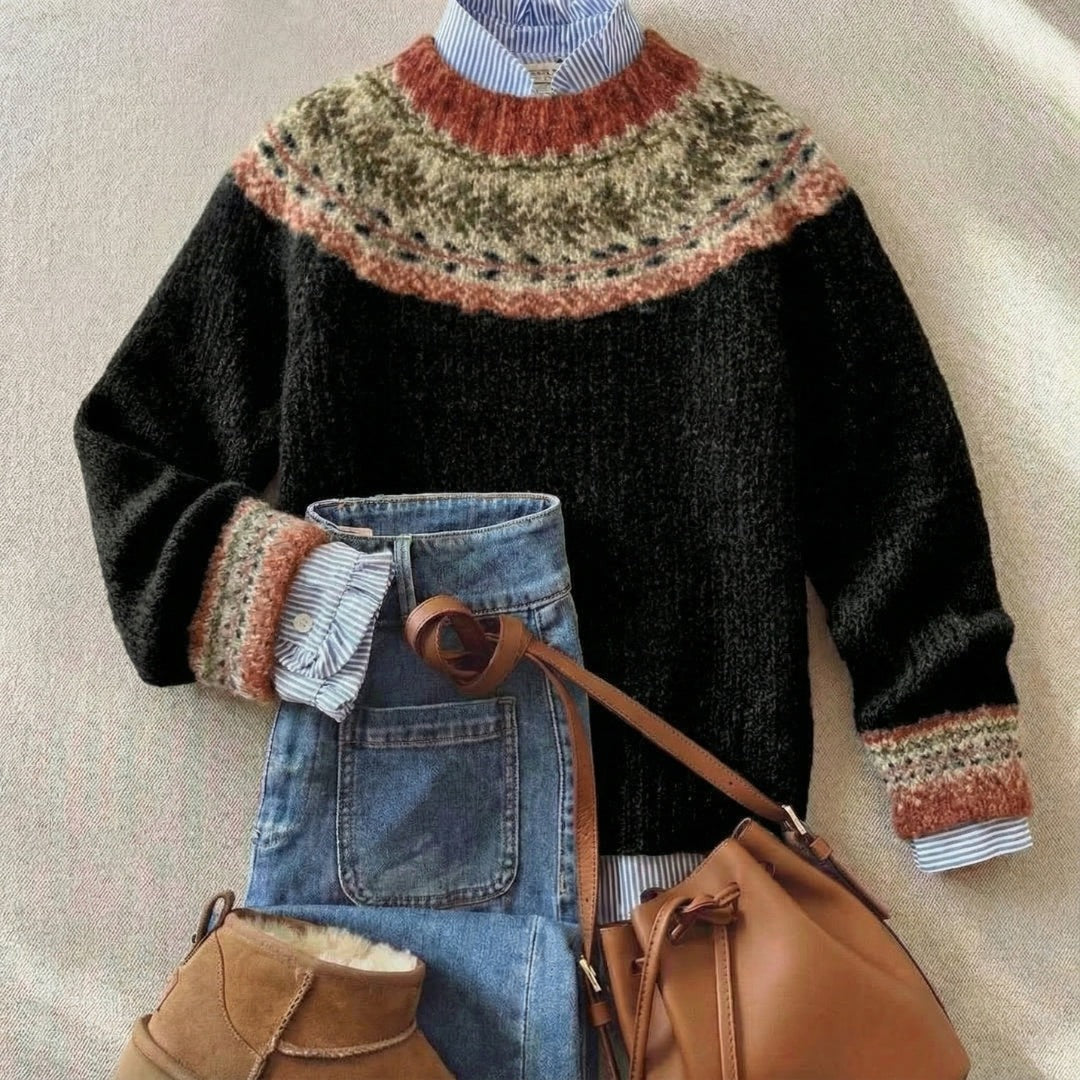 Women's nordic pattern yoke sweater in black