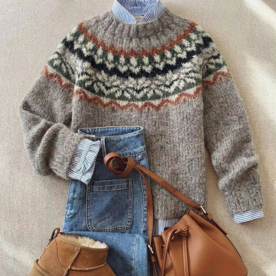 Women's nordic pattern yoke sweater in light grey
