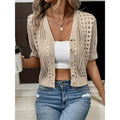 Woman wearing an apricot open-knit short sleeve cardigan