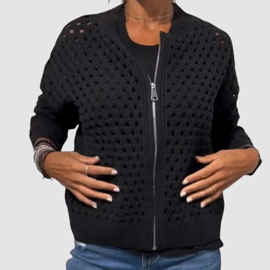 Women's Open-Knit Zip Cardigan with Bomber Collar for Transitional Days