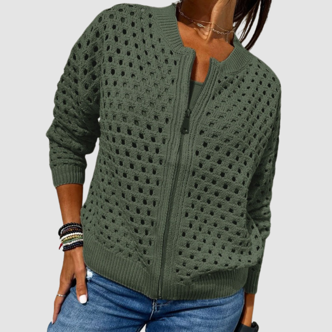 Women's green open-knit zip cardigan with bomber collar