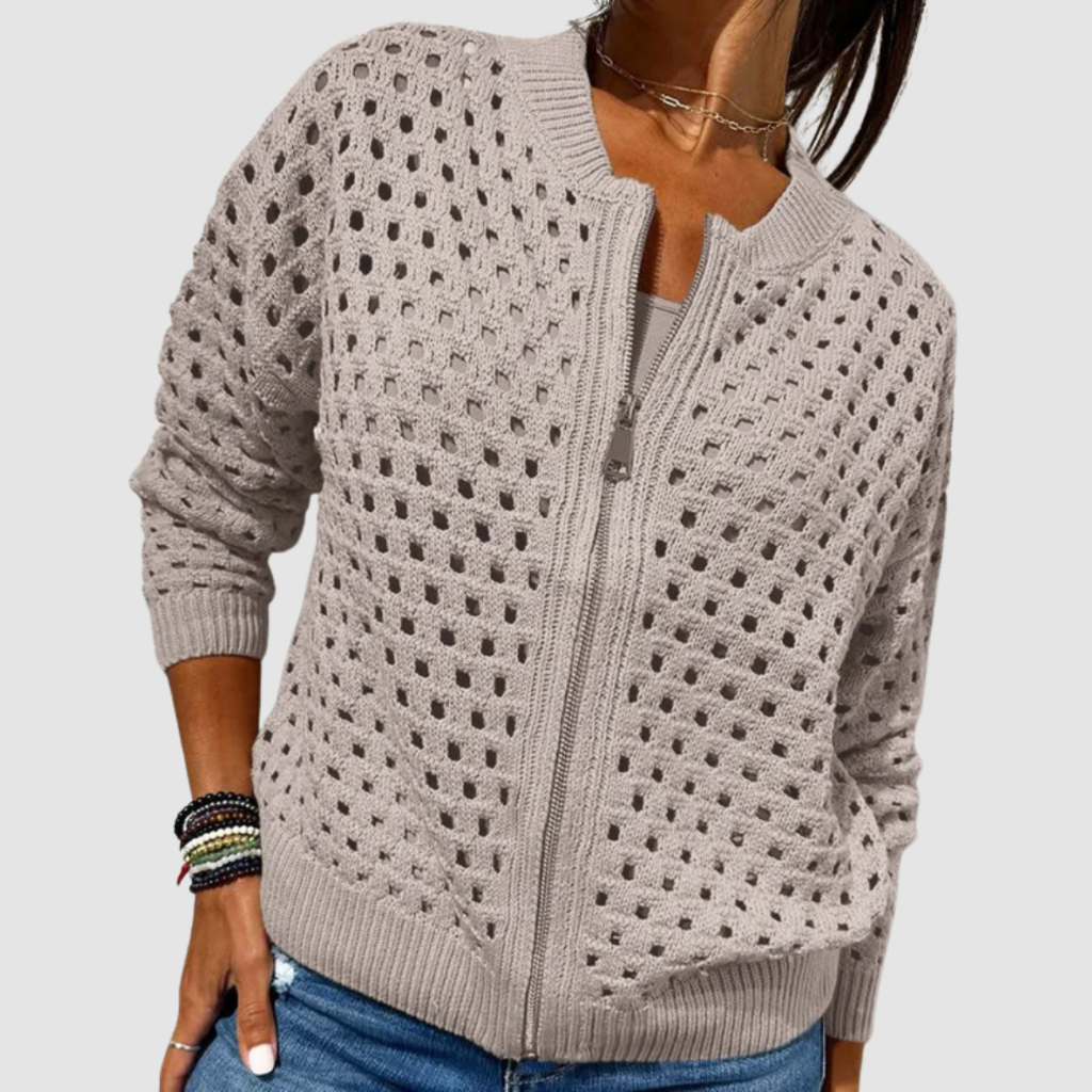 Women's khaki open-knit zip cardigan