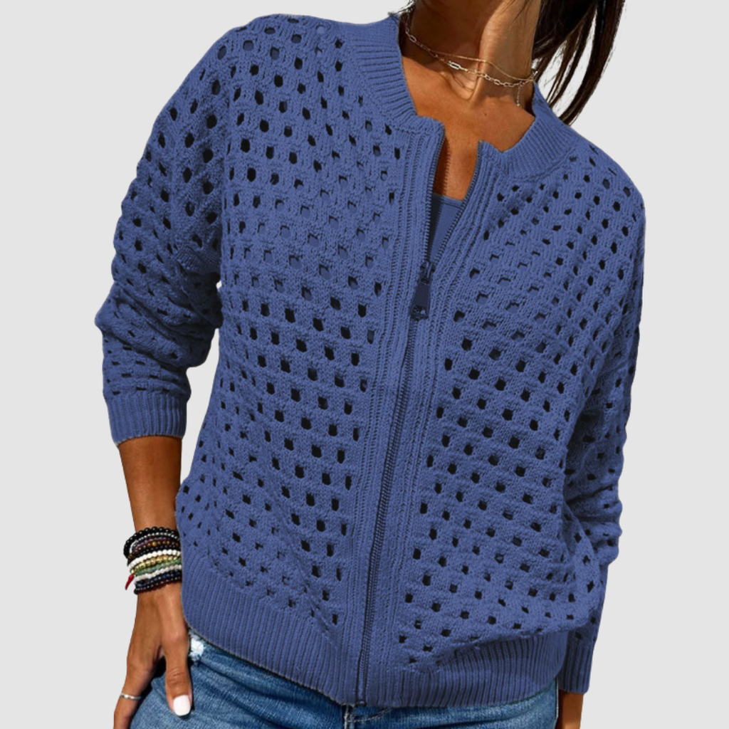 Women's blue open-knit zip cardigan